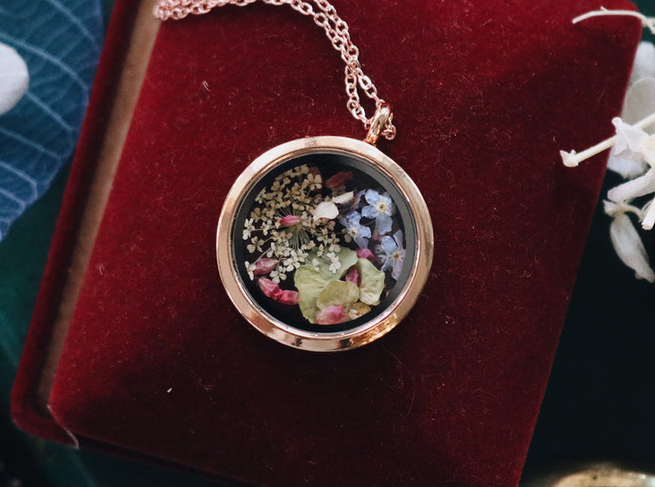 Pony White Bloom & Little Blue Sky day Forest Rose Gold Locket Necklace Design, Robinwood, Blue For Get Me Not, Pink Heather Flower, Gift For Her, Mother Day