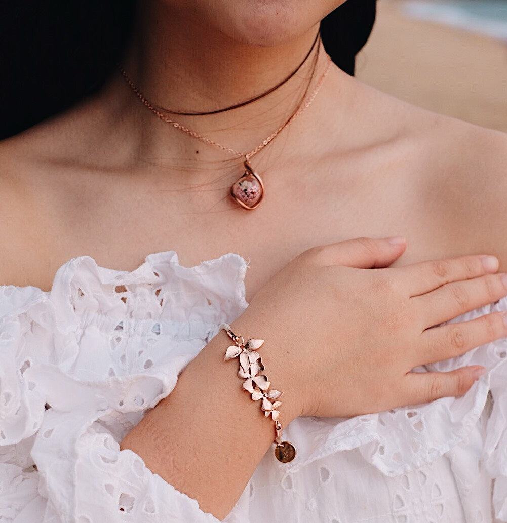 92.5 Rose Gold Ascocentrum Orchid Design & White Satin Leather Blending, Elegant design, Robinwood, Masterpieces