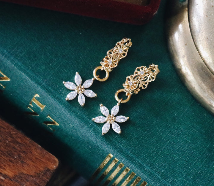 16 K Gold Victoria Belmont & White Swarovski Blossom Earring Design, Robinwood, Luxury Style, Non-Flower Earring, Gift For Her