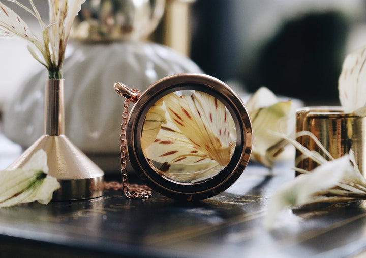 Alstromeria Gold & Yellow Blending with RoseGold Locket Necklace, Robinwood, Luxury Flower, design by Yut