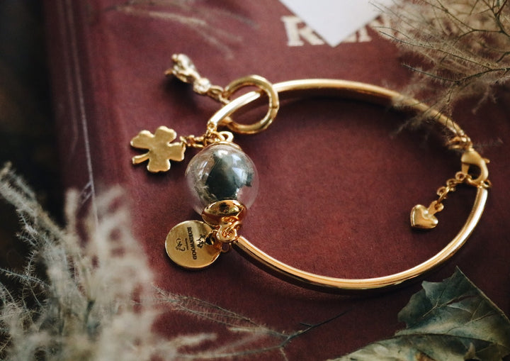14 K Gold Cuff Mystery Forest Design & Momori Bunny Totem Adjustable Bracelet, Robinwood, Masterpieces, Yut Sila