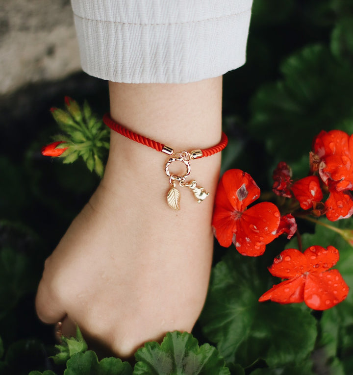 14K Gold Bunny Rabbit & Red Satin leather Bracelet Design, Robinwood, Masterpieces