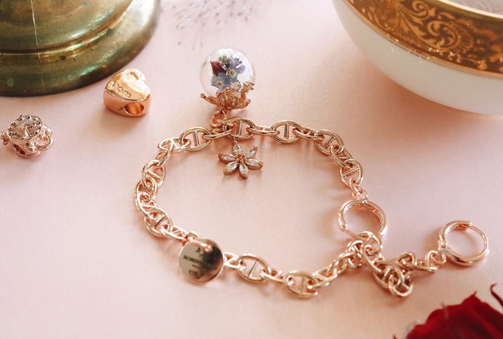July Design, Infinity Floral Rosegold Chain Design, Flower Totem & Love Key, TIme Totem Design, Adjustable bracelet, Robinwood,