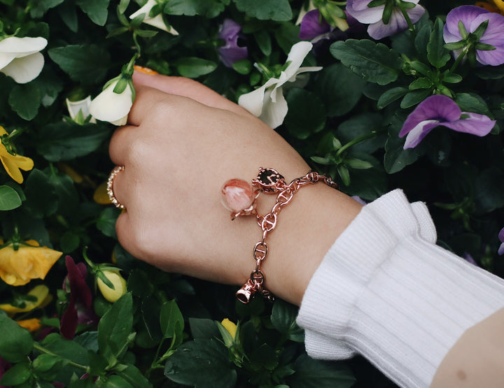 July Design, Infinity Floral Rosegold Chain Design, Flower Totem & Love Key, TIme Totem Design, Adjustable bracelet, Robinwood,