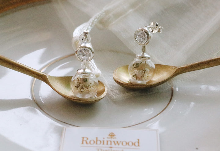 92.5 K เงินสเตอร์ลิงคลาสสิก adaline สไตล์ Swarovski Design & White Queen Anne Forest blending ต่างหู, robinwood, ดอกไม้ที่กำหนดเอง, ของขวัญสำหรับเธอ, ผลงานชิ้นเอก