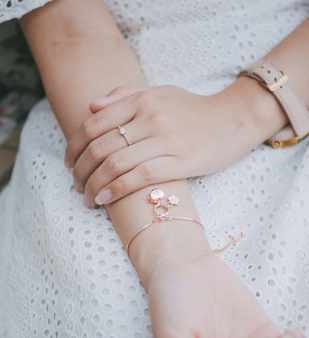 14 K Rosegold Marvelous Cherry Blossom & Love Heart Rosegold Snake Chain adjustable Bracelet Design, Robinwood, Masterpieces, Flower Gift, Yut Sila, Kimono Collection's