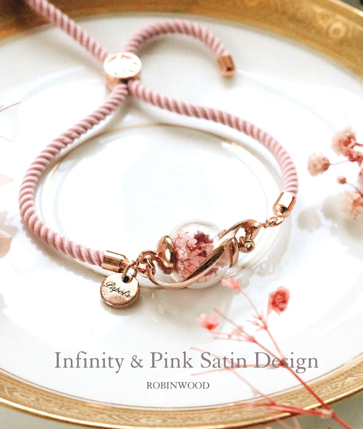 June Collection's " Inifnity Pink Rose Satin Design & Dream Pink Flower ",Name Tag, Robinwood, Adjustable Bracelet