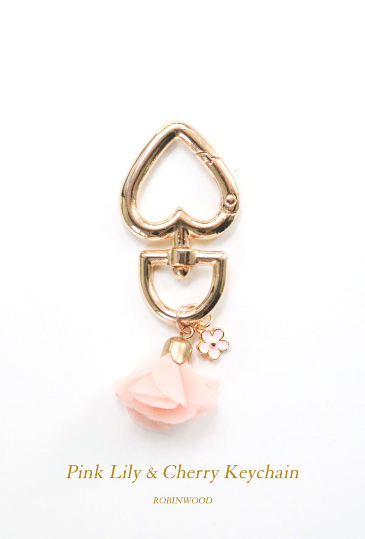 " Limited Keychain Collection's " Lily Pink Satin  Fabric & Pink Cherry Totem Gold Keychain Design, Robinwood