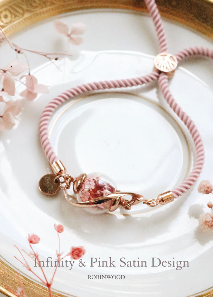 June Collection's " Inifnity Pink Rose Satin Design & Dream Pink Flower ",Name Tag, Robinwood, Adjustable Bracelet