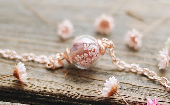Pearl Pink Queen Anne Lace , rose gold adjustable chain , robinwood , gift for her , flower jewelry, Elegant , Birthday gift - robinwood