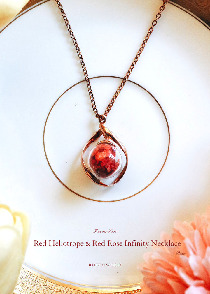 Valentine Limited Collection's " Red Heliotrope & Red Rosy Rose" Infinity Necklace Design, Robinwood