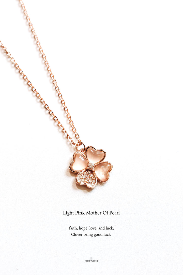 " Valentine's Limited Set, Austin Pink Rose Crystal & Pink Mother Of Pearl Pave Clover Necklace ", Adjustable Size 14 - 18Inches