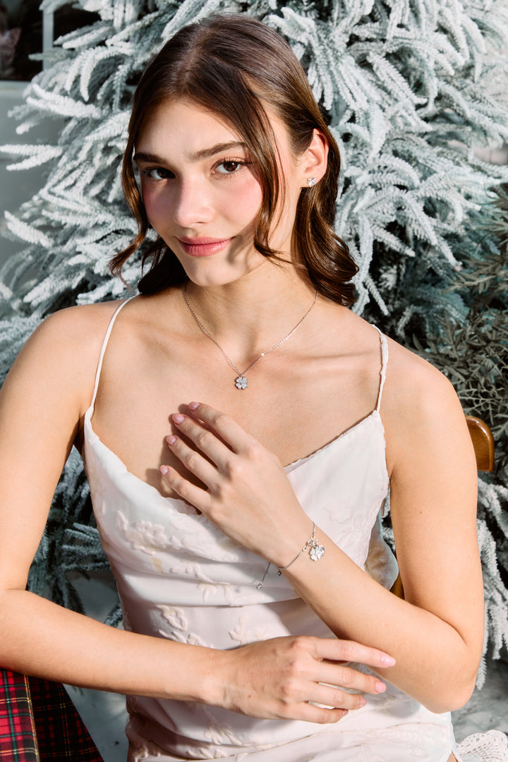 Valentine Limited Set " 92.5 Sterling Silver Snowflake White Clover " Men & Women Set Necklace, Size 14 - 20 Inches Adjsuatble size