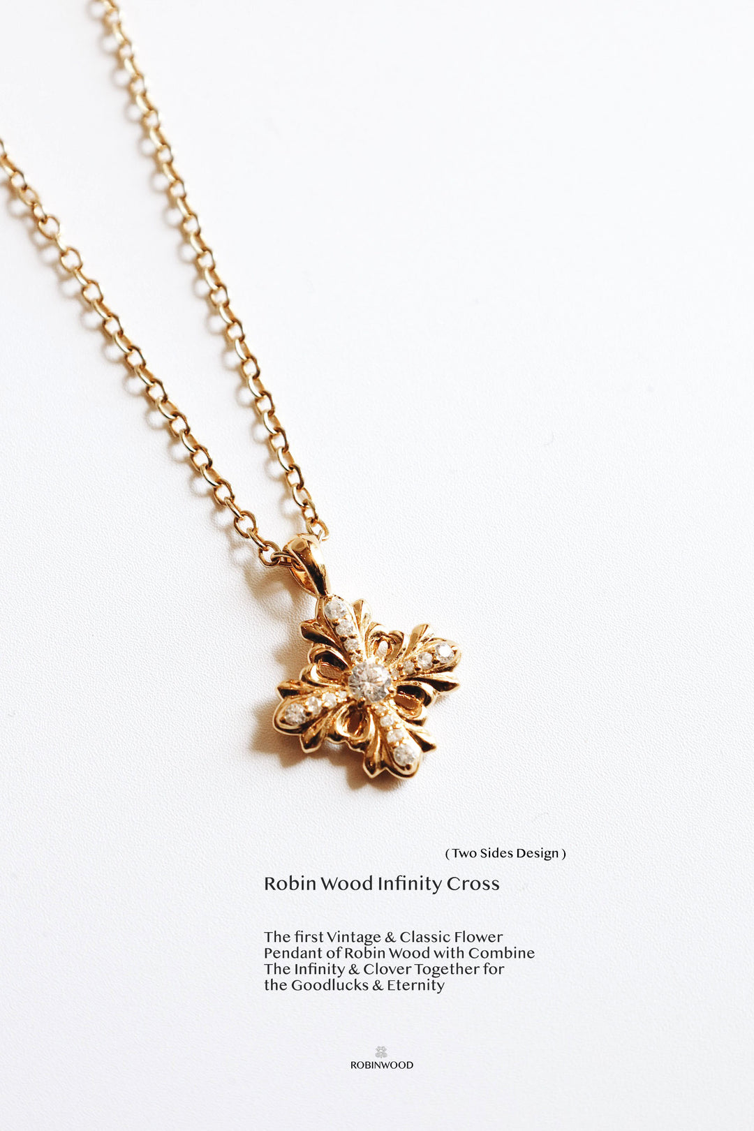 Limited Collection's " Infinity Cross Gold RobinWood Signature, Fleur-De-Lis Infinity Necklace