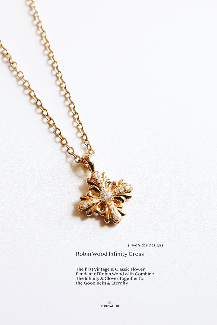 Limited Collection's " Infinity Cross Gold RobinWood Signature, Fleur-De-Lis Infinity Necklace