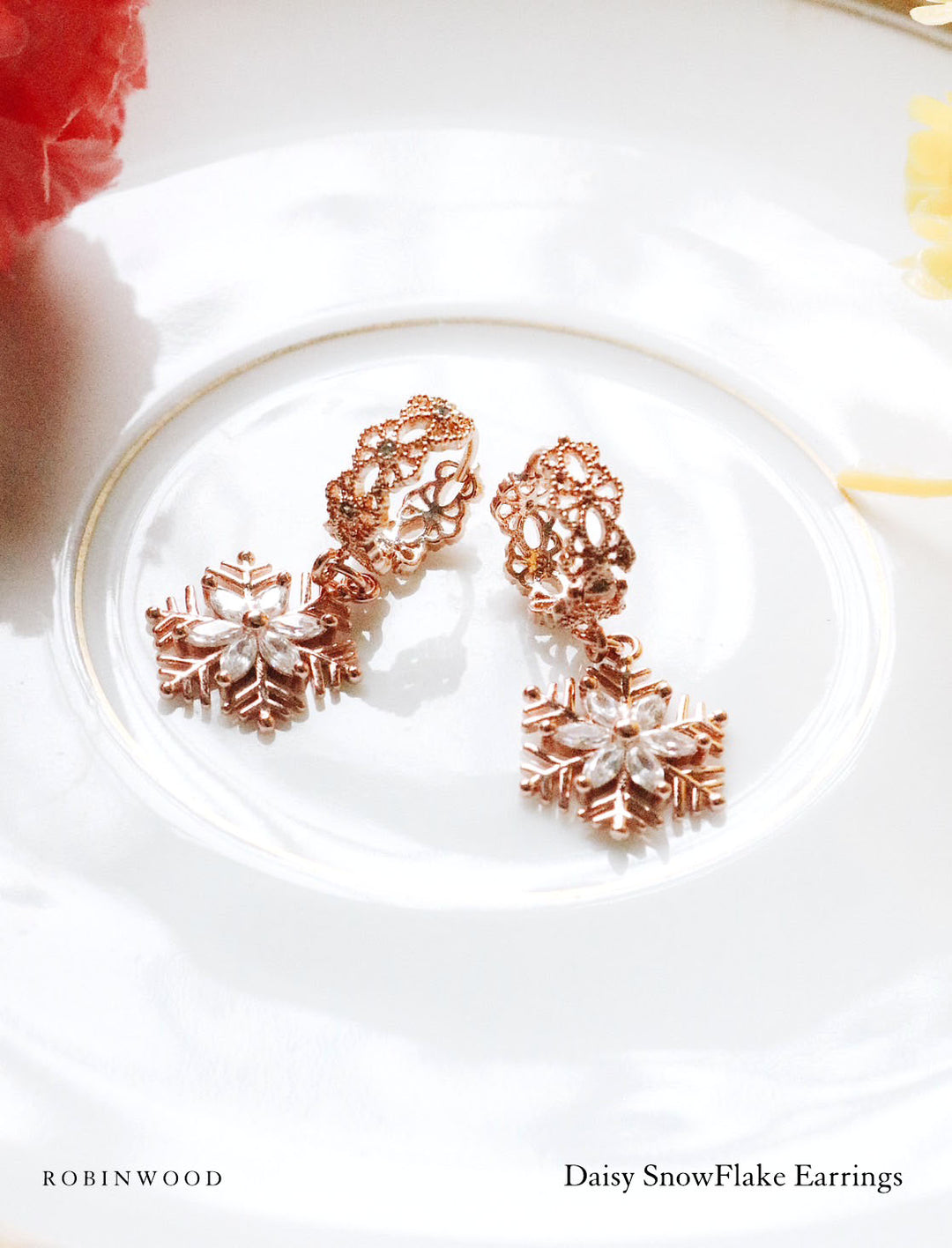LIMITED COLLECTION'S " DAISY SNOWFLAKE ROSE GOLD EARRINGS , MASTERPIECES, ROBINWOOD