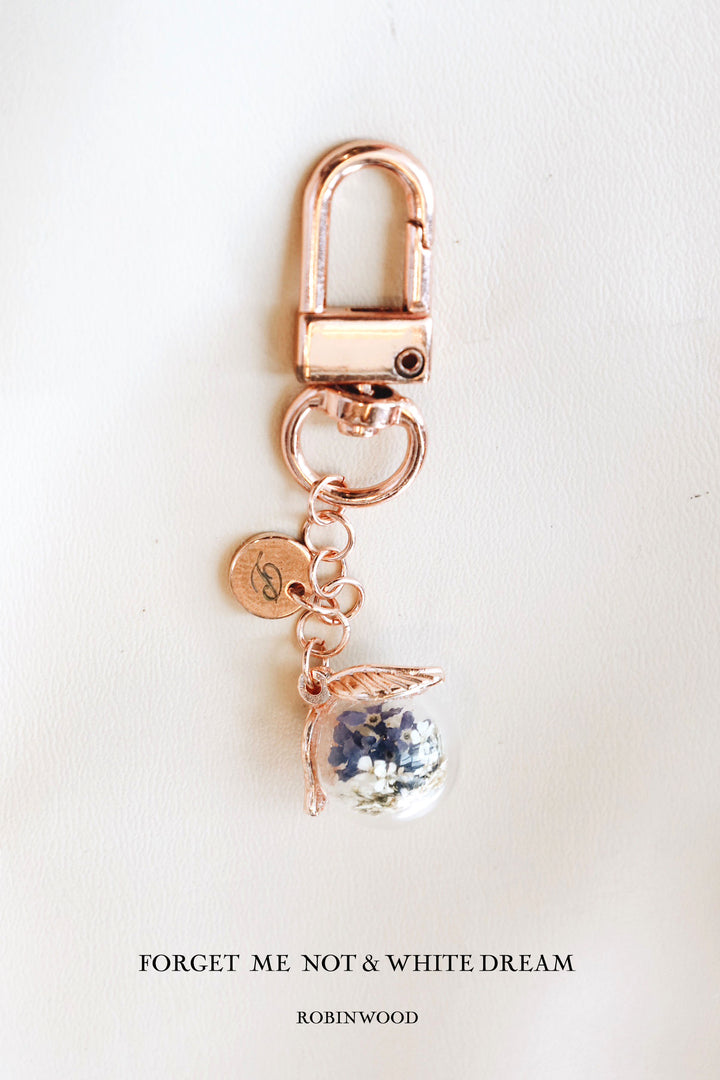 ForGet Me Not & Tulip Design Rose gold Keychain, Robinwood, Tag Name