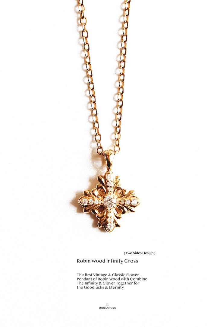 Limited Collection's " Infinity Cross Gold RobinWood Signature, Fleur-De-Lis Infinity Necklace
