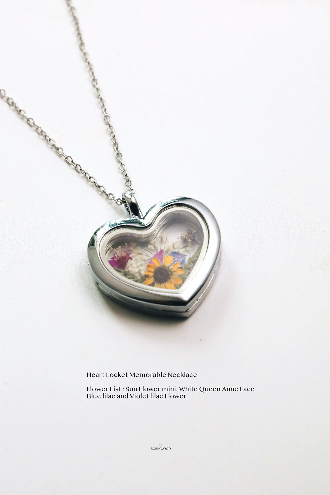 April Collection's " Mini Sun Flower & Dream Flower Design Silver Heart Locket Necklace "