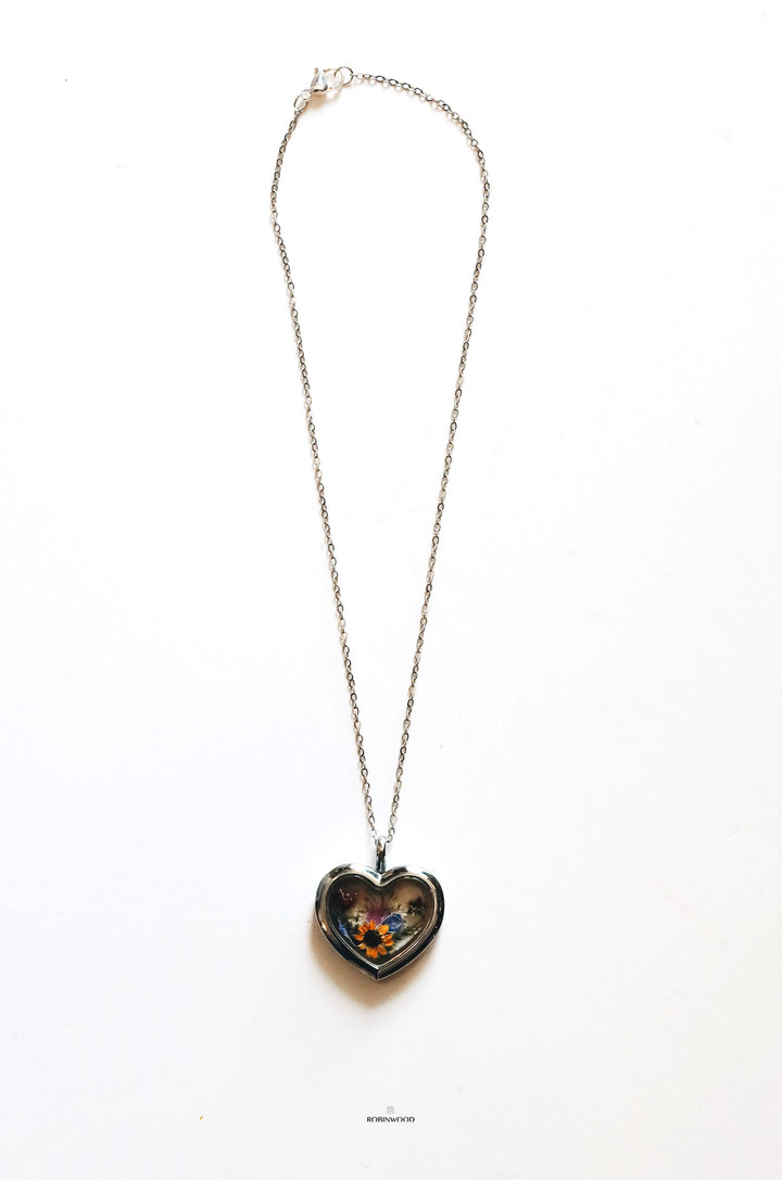 April Collection's " Mini Sun Flower & Dream Flower Design Silver Heart Locket Necklace "
