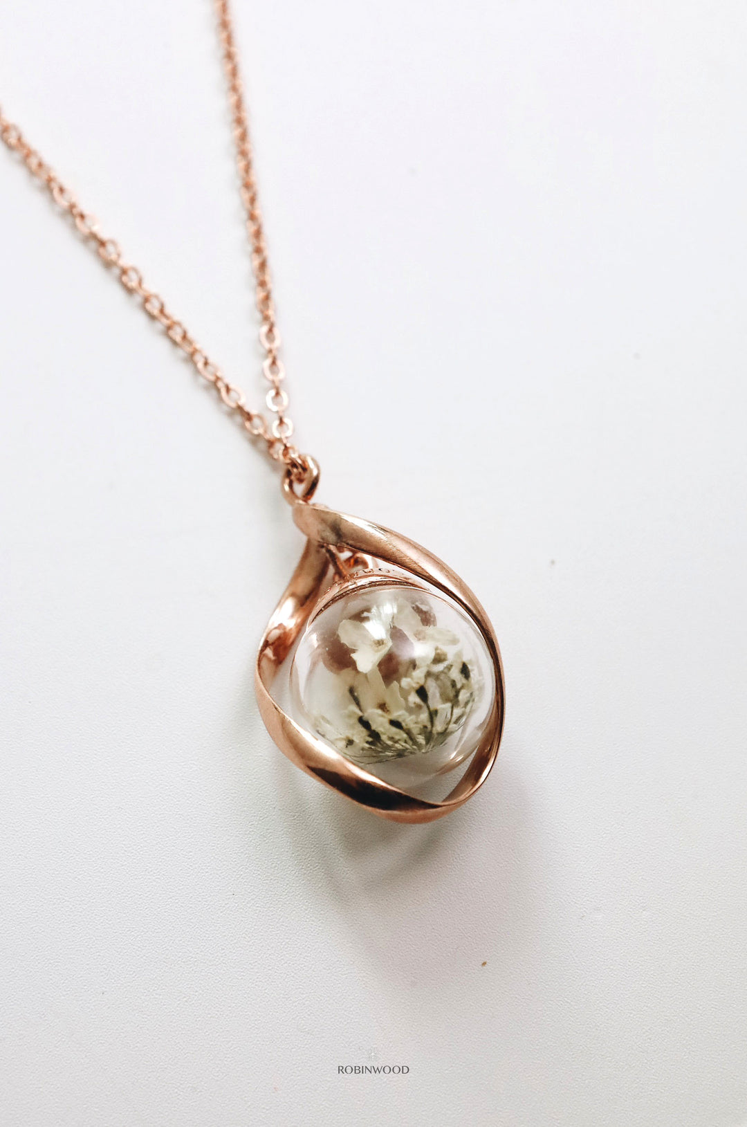 April Collection's " France White Forget Me Not Dried & Infinity Necklace "