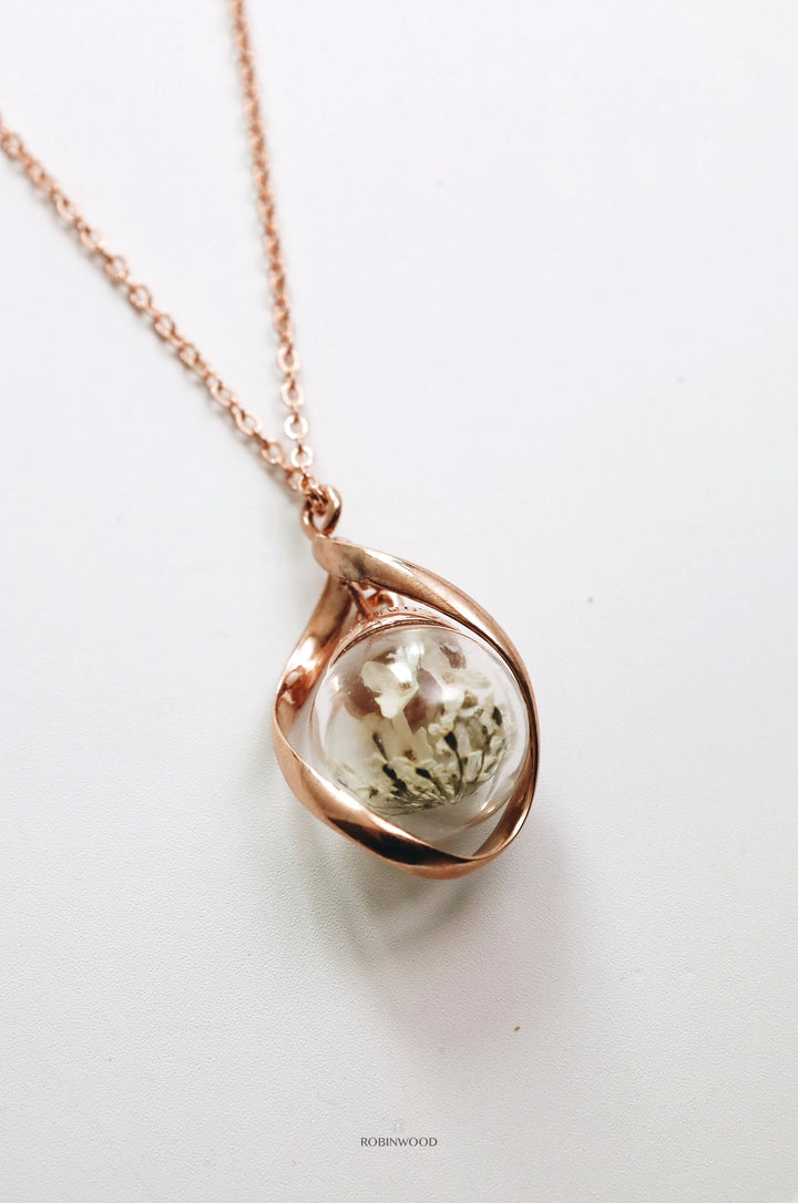 April Collection's " France White Forget Me Not Dried & Infinity Necklace "
