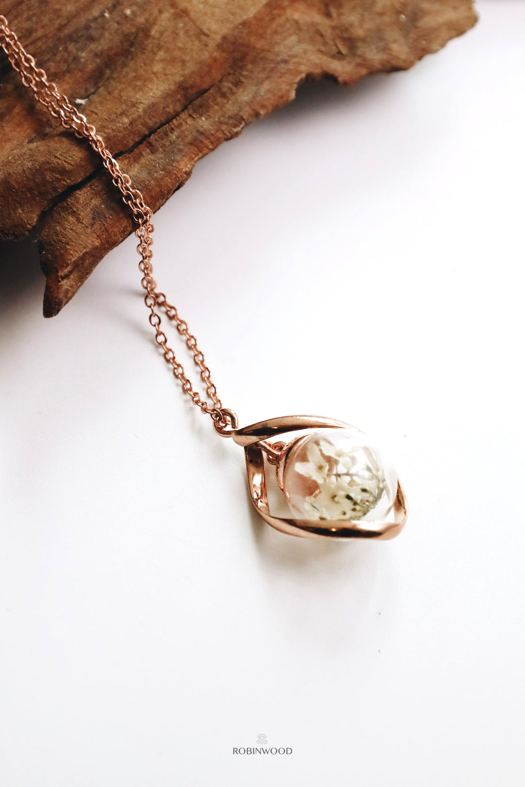 April Collection's " France White Forget Me Not Dried & Infinity Necklace "