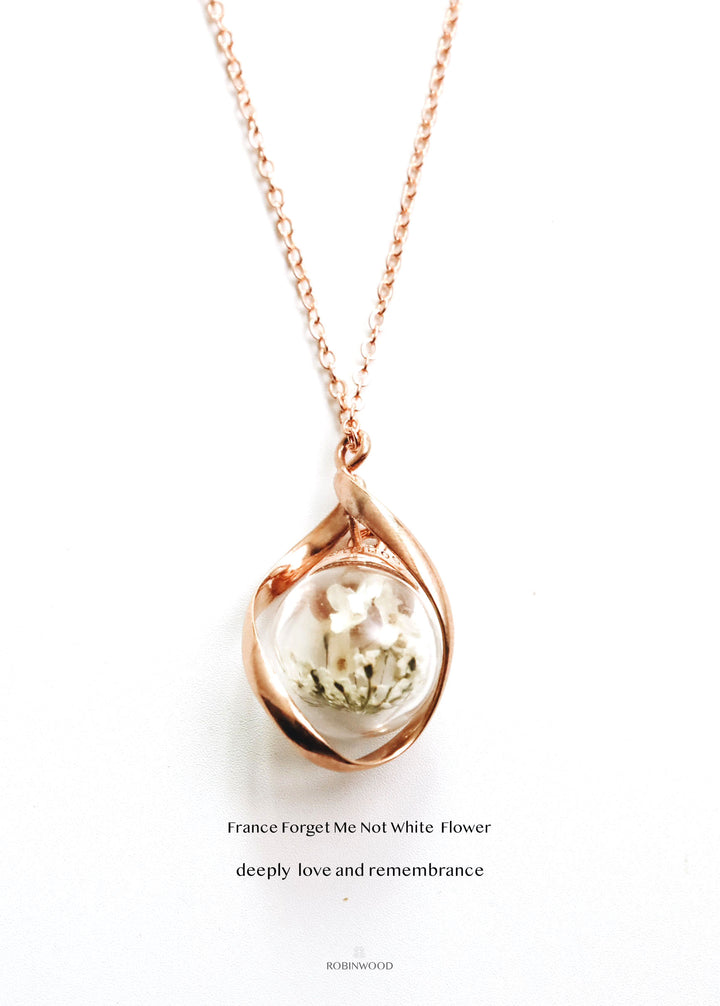 April Collection's " France White Forget Me Not Dried & Infinity Necklace "