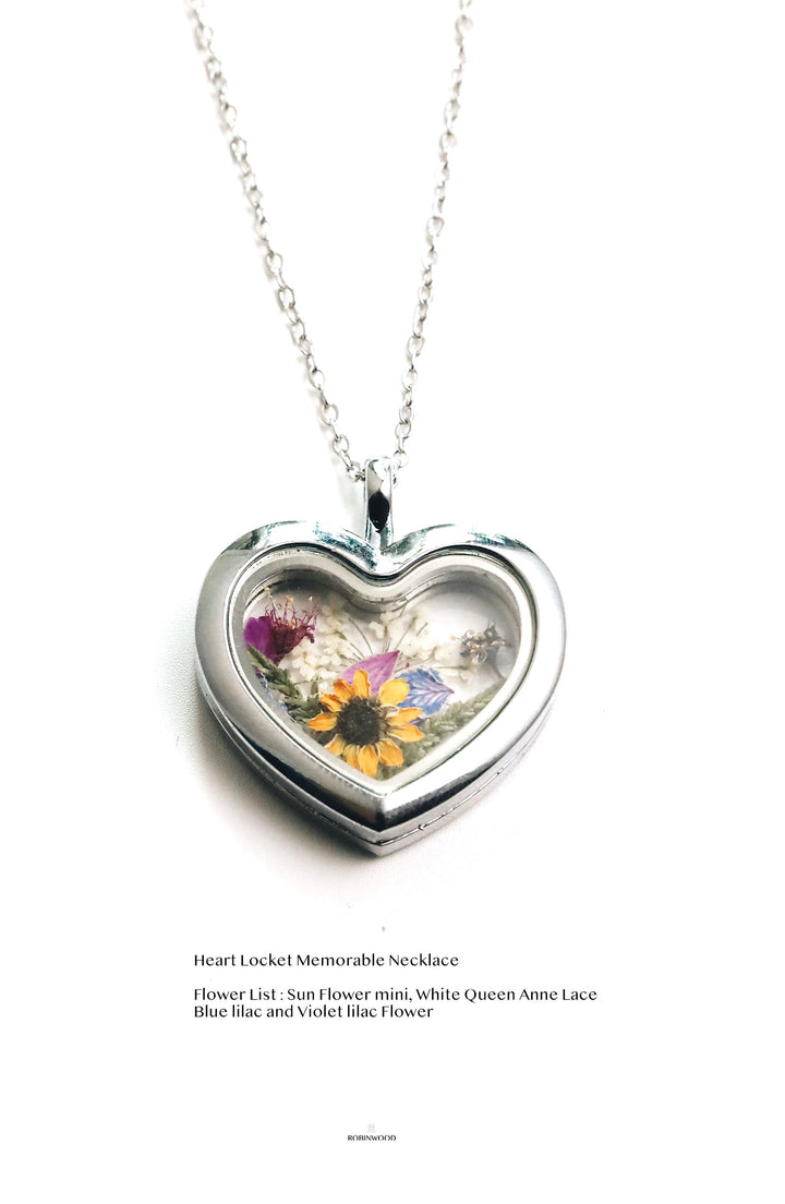 April Collection's " Mini Sun Flower & Dream Flower Design Silver Heart Locket Necklace "