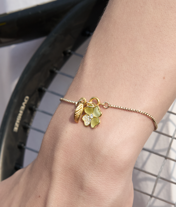 Limited 50pcs Collection's " Pave Light Green, Peridot, Gem of the Sun Clover "14-19 CM  Bracelet, Adjustable Size