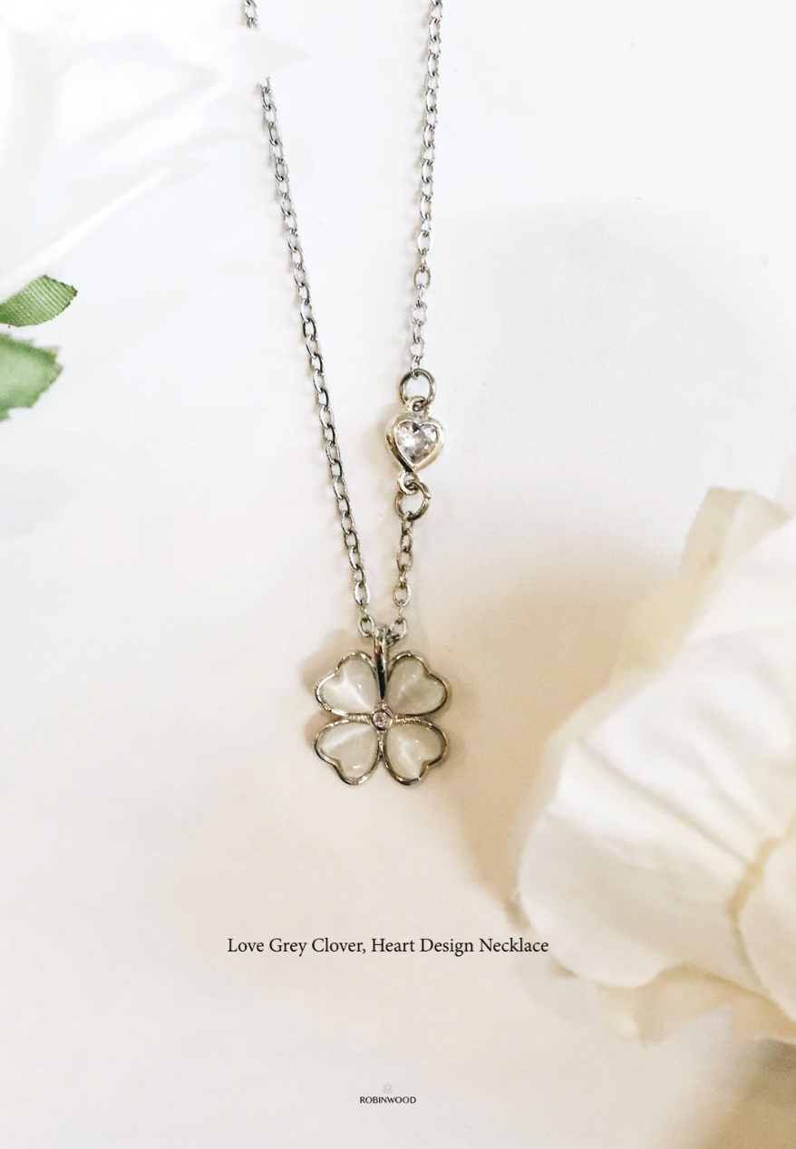 Limited Valentine Set Collection's " Heart Charm & Chrome Grey Quartz Clover Necklace & Earrings Set "