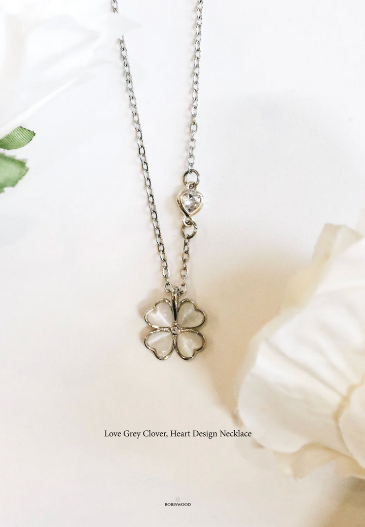 Limited Valentine Set Collection's " Heart Charm & Chrome Grey Quartz Clover Necklace & Earrings Set "