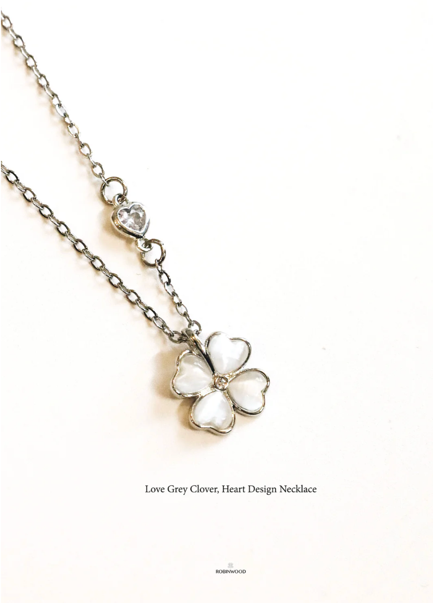 Limited Valentine Set Collection's " Heart Charm & Chrome Grey Quartz Clover Necklace & Earrings Set "