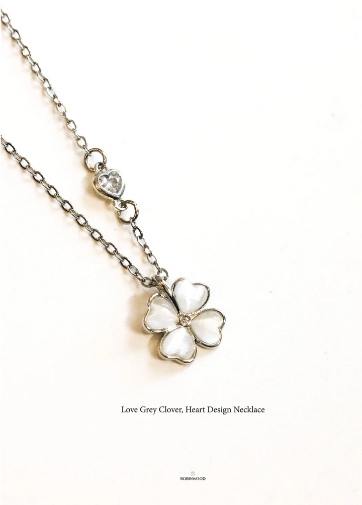 Limited Valentine Set Collection's " Heart Charm & Chrome Grey Quartz Clover Necklace & Earrings Set "