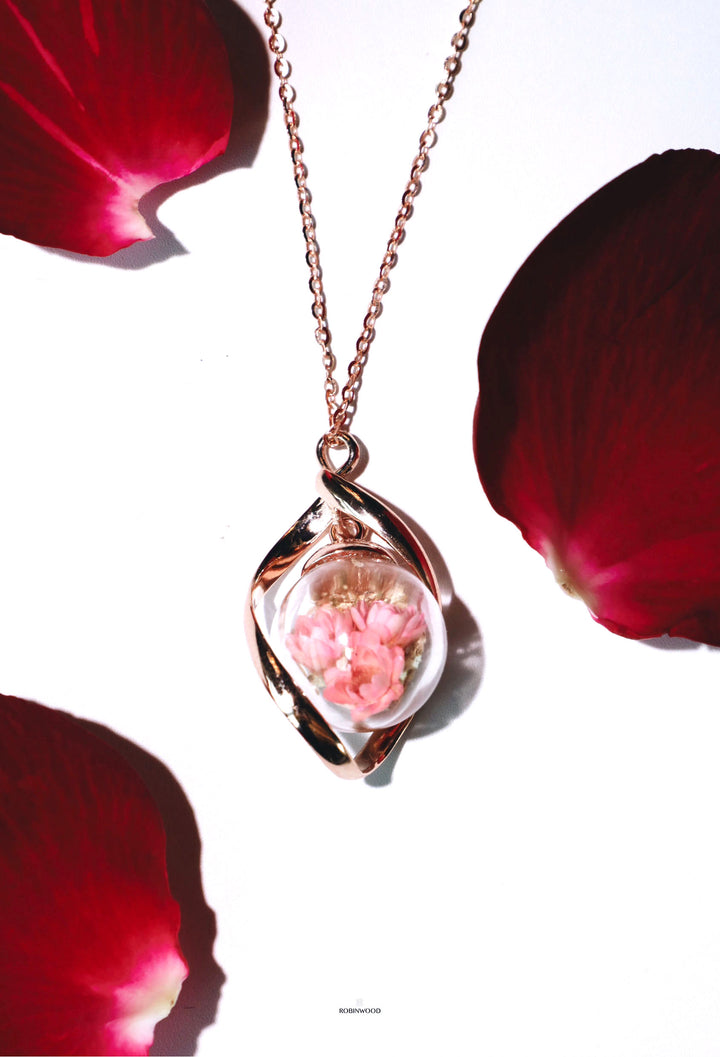 " Austin Rose Colecltion's, Pink Baby Breath Dried Flower & Infinity Necklace Design