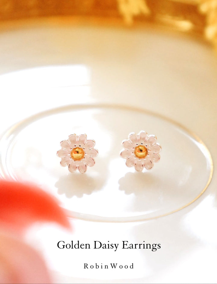 14 K Golden Daisy White English Royal Design, Robinwood, Masterpieces, Daisy Earrings