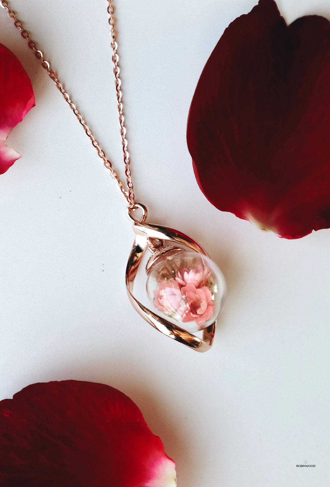 " Austin Rose Colecltion's, Pink Baby Breath Dried Flower & Infinity Necklace Design