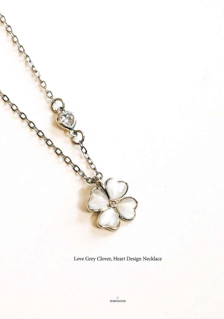 Limited Valentine Collection's "  Heart Charm & Chrome Grey Quartz Clover Necklace "