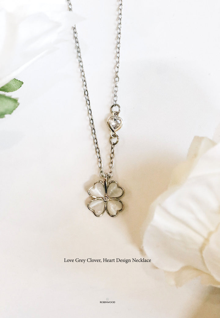 Limited Valentine Collection's "  Heart Charm & Chrome Grey Quartz Clover Necklace "