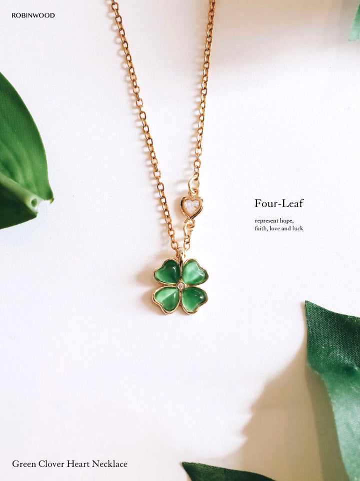 Limited Valentine's Collection " Pave Heart & Green Quartz Lucky Clover Necklace, Robinwood