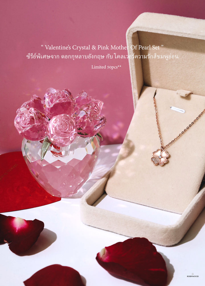 " Valentine's Limited Set, Austin Pink Rose Crystal & Pink Mother Of Pearl Pave Clover Necklace ", Adjustable Size 14 - 18Inches
