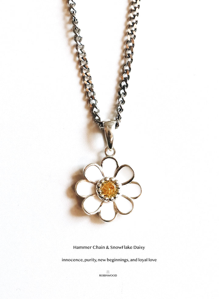 Limited Daisy Collection's : SnowFlake Daisy Signature Hammer Chain Necklace, Robinwood Masterpieces