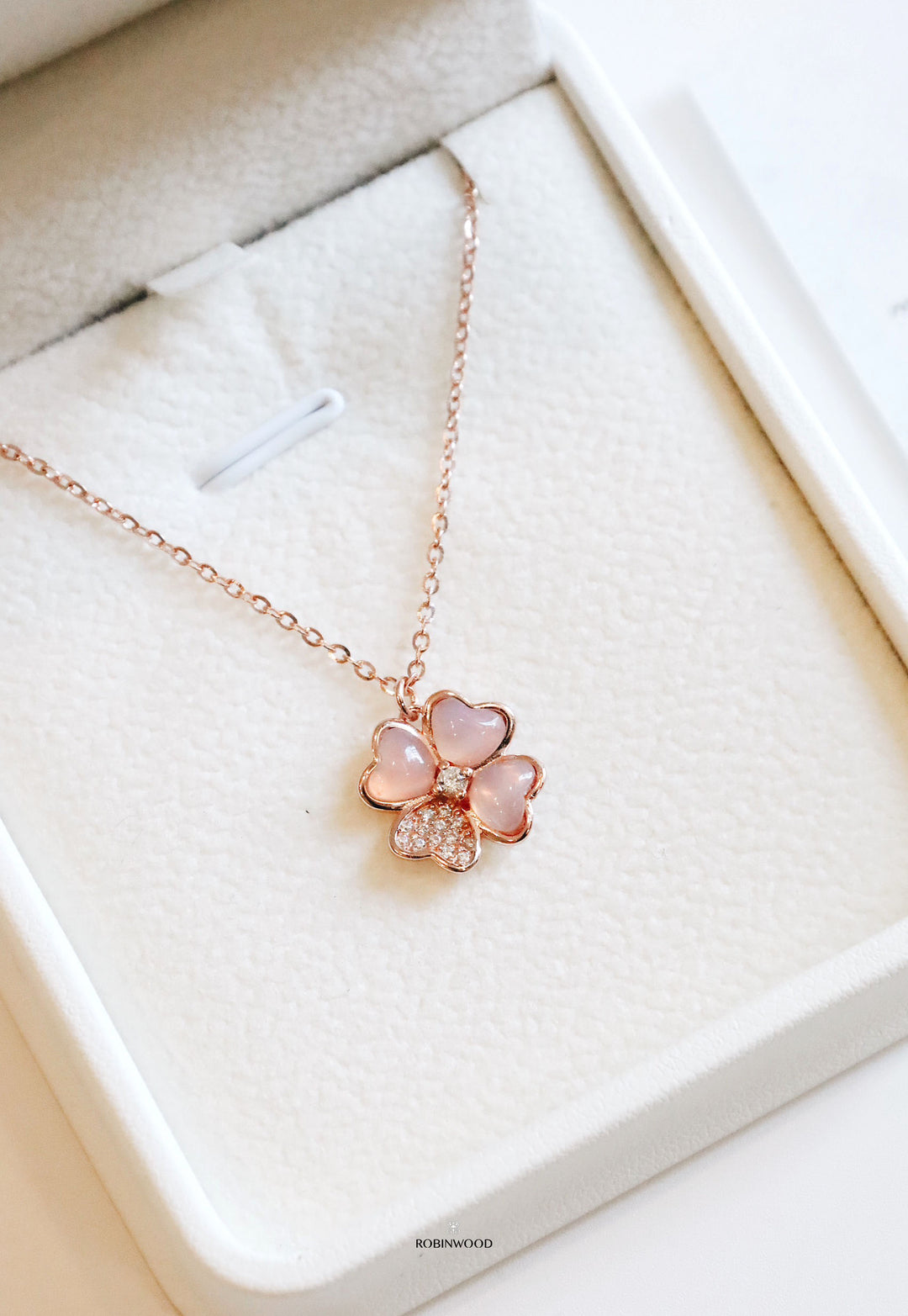 Limited Collection's " PAVE Pink Mother Of Pearl Clover " Necklace, Robinwood