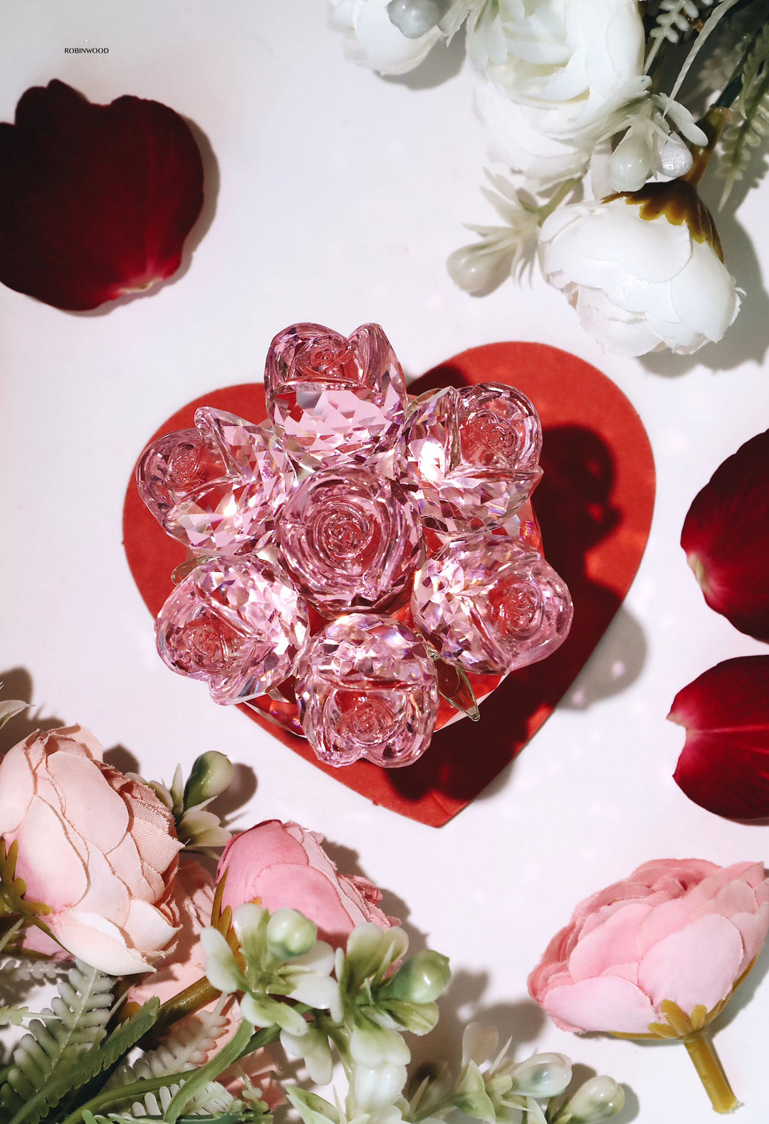 " Valentine's Limited Set, Austin Pink Rose Crystal & Pink Mother Of Pearl Pave Clover Necklace ", Adjustable Size 14 - 18Inches