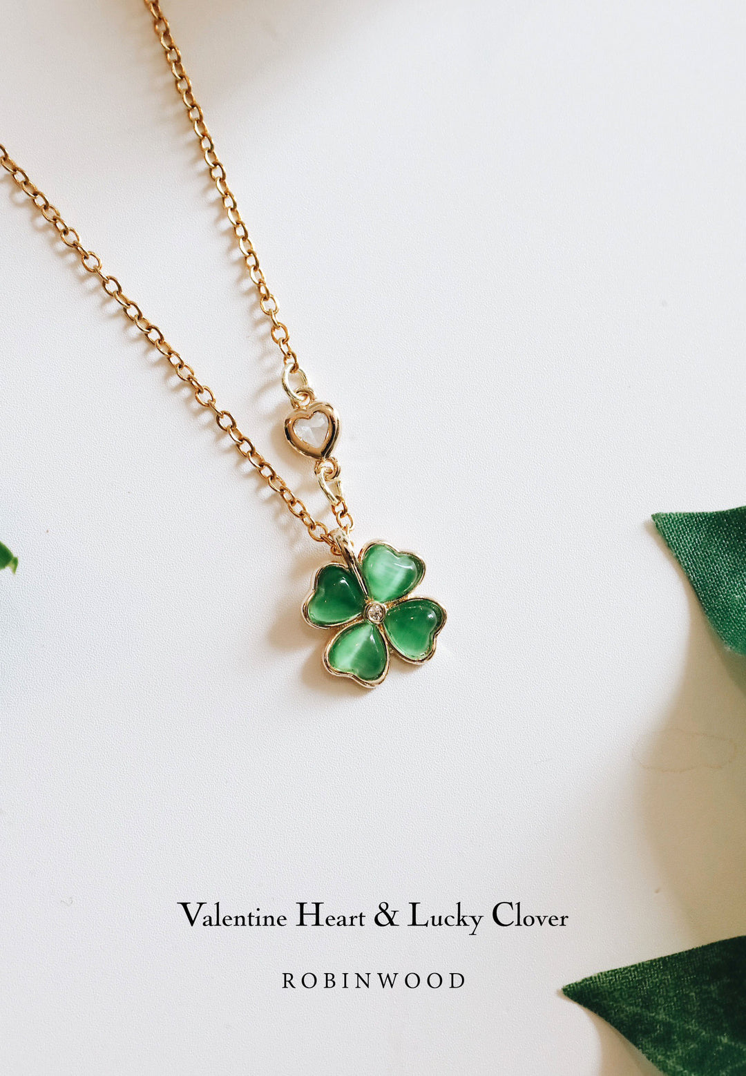 Limited Valentine's Collection " Pave Heart & Green Quartz Lucky Clover Necklace, Robinwood