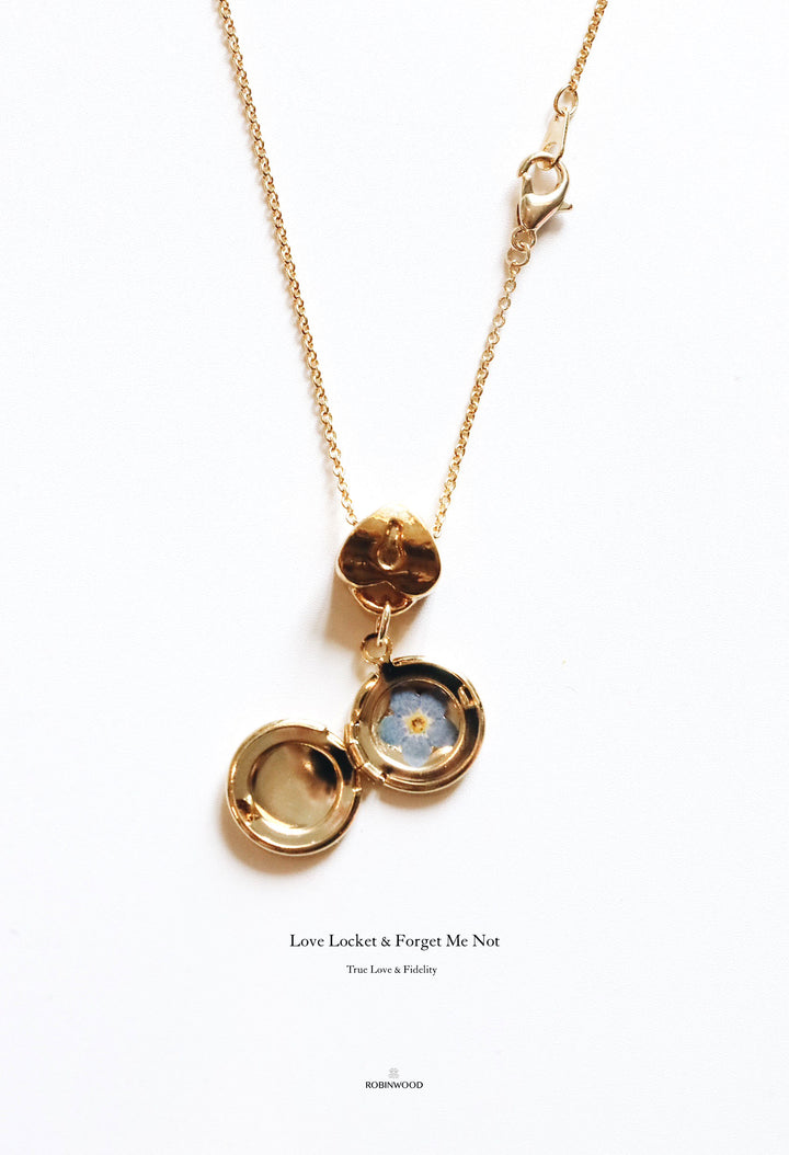 " Engraved Memorable Locket & Forget Me Not" 2025 Collection, 14K Gold Solider Chain, Robinwood