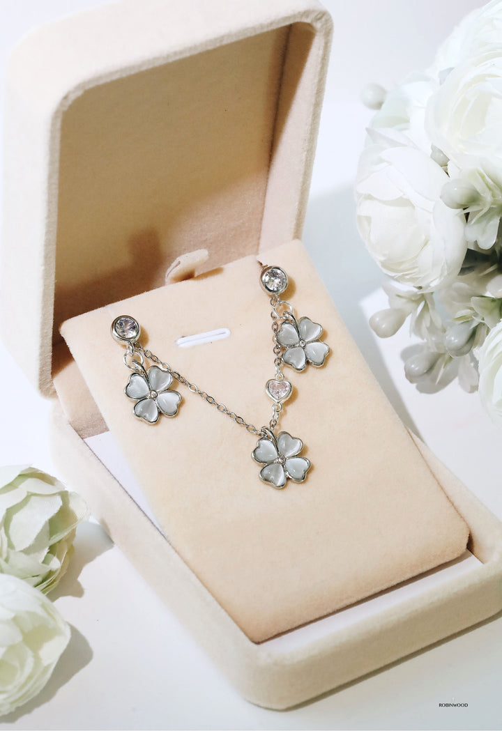 Limited Valentine Set Collection's " Heart Charm & Chrome Grey Quartz Clover Necklace & Earrings Set "