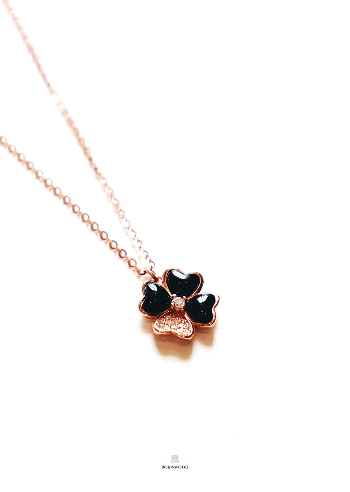 Limited Collection's PAVE Black Agate Clover Necklace, 14-18 Inches Adjustable Size