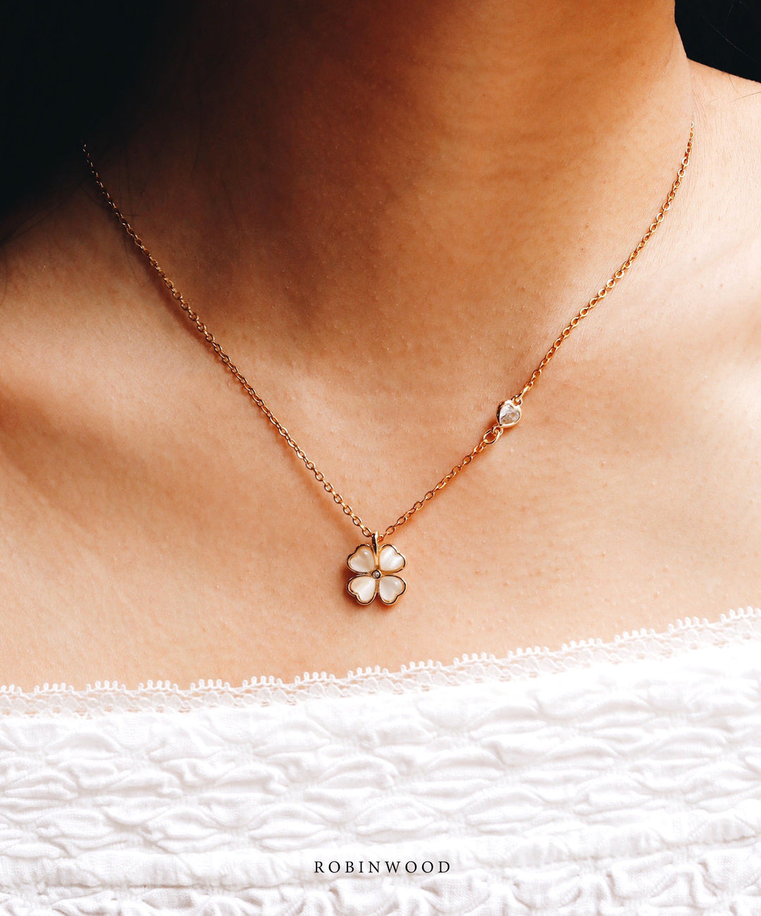 Limited Valentine's Collection " Pave Heart & Pink Quartz Lucky Clover Necklace, Robinwood