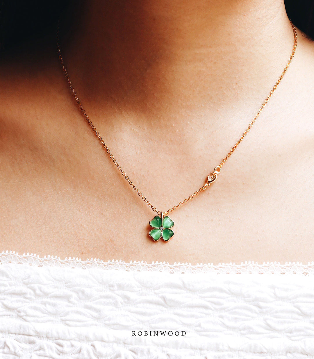 Limited Valentine's Collection " Pave Heart & Green Quartz Lucky Clover Necklace, Robinwood